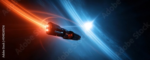 Futuristic spaceship in orbit around a binary star system, intense light effects and gravitational anomalies, sci-fi simulation photo