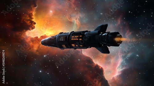 Wallpaper Mural Giant spaceship traveling through a nebula, multicolored cosmic clouds swirling around, sci-fi exploration simulation Torontodigital.ca