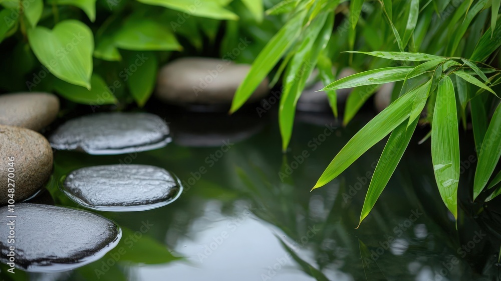 Obraz premium Small pond in a bamboo forest, creating a peaceful and reflective environment, bamboo forest pond, tranquility in the wilderness
