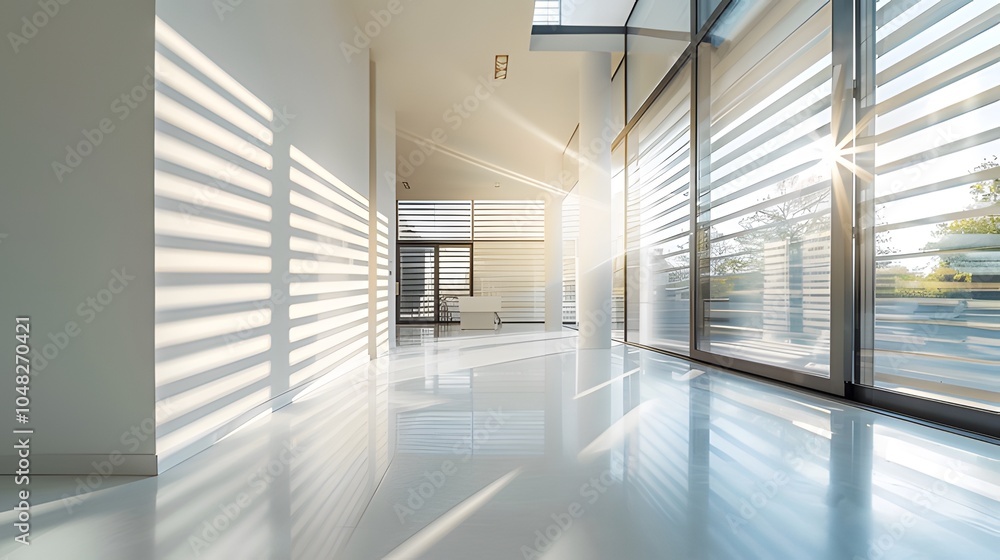 Fototapeta premium A spacious futuristic home with smart blinds partially open, letting in natural light over a sleek, minimalist interior 