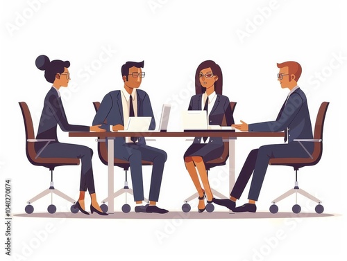 Illustration of business people sitting around a table, discussing work during a meeting in an office.