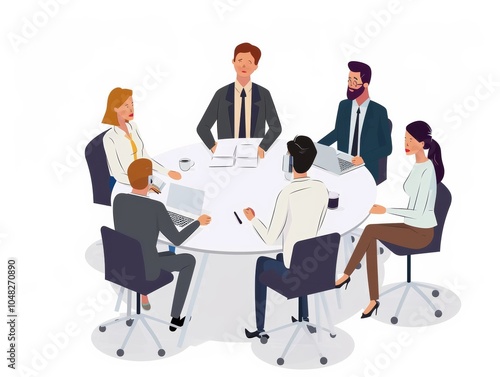 Illustration of business people sitting around a table, discussing work during a meeting in an office.