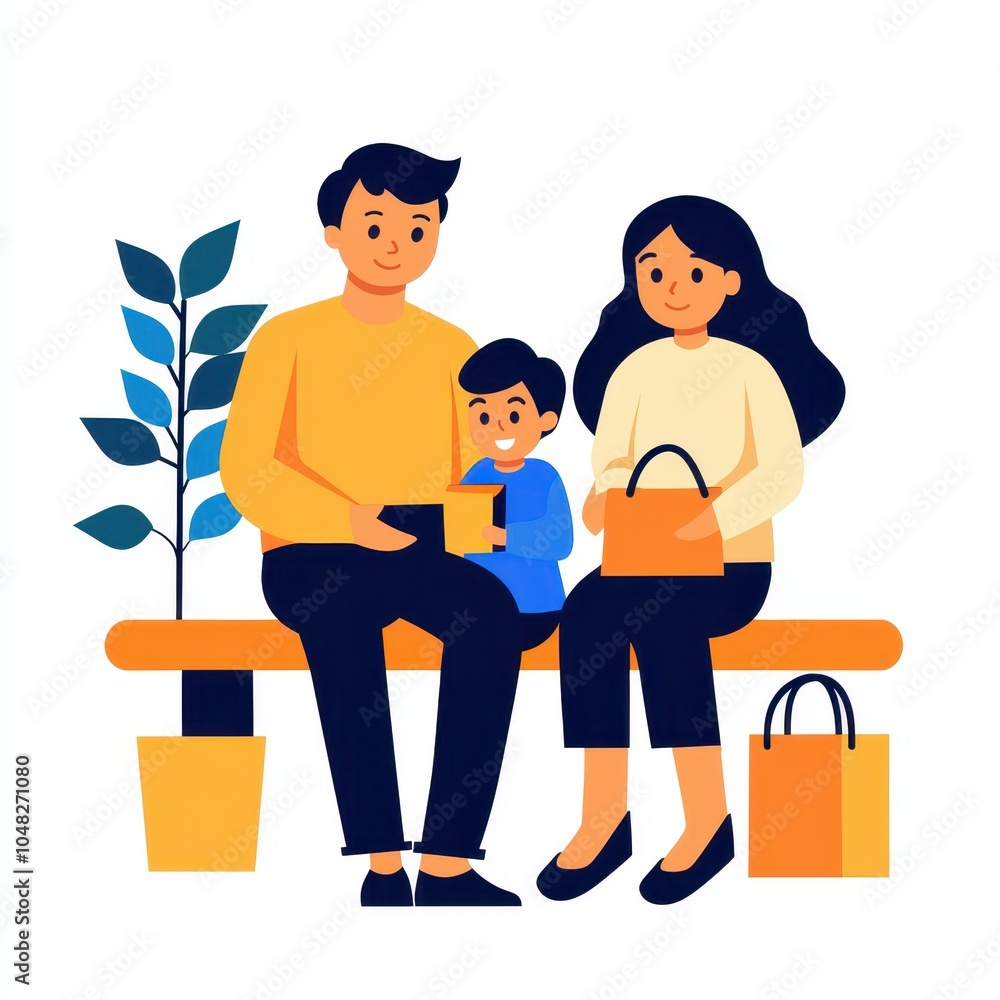 Happy family sitting on a bench, enjoying time with shopping bags, plant nearby. Happy family sitting on a bench, enjoying time with shopping bags, plant nearby.