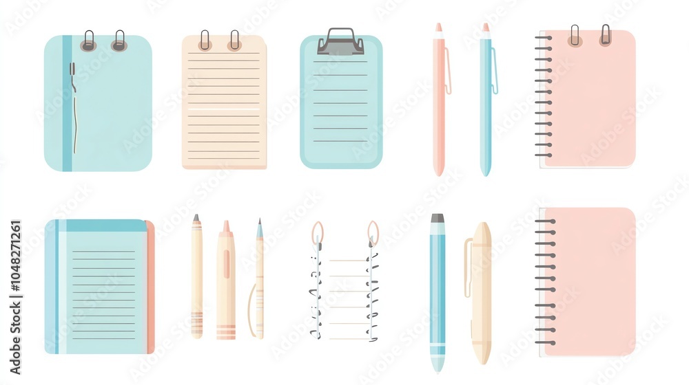 Clipart flat art style icon of travel essentials, including a passport, sunglasses, a boarding pass, and a small camera, in pastel tones
