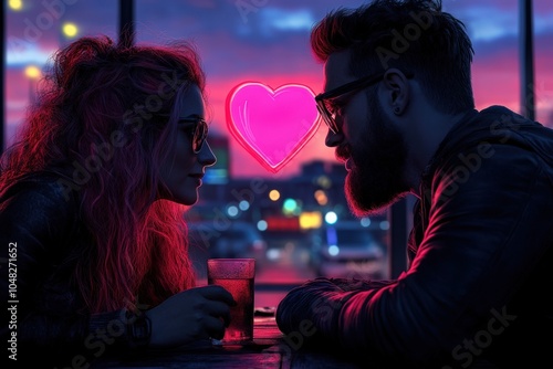 Two people gaze at each other across a table with neon heart glowing behind, surrounded by soft evening colors, exuding the warmth of romance and connection. photo