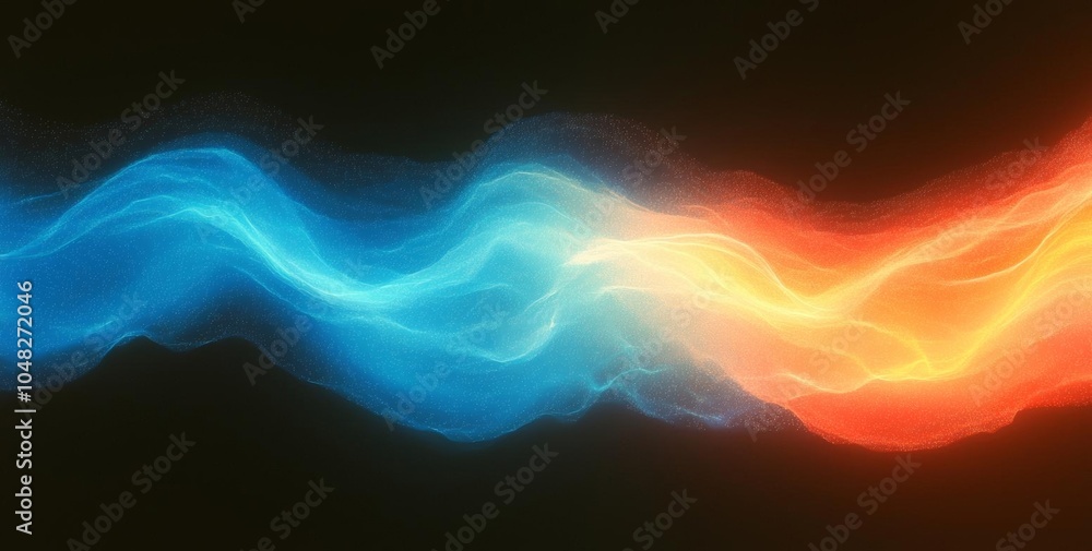 Obraz premium Hyber realistic photo of Vibrant rainbow, orange blue teal white psychedelic grainy gradient color flow wave on black background, music cover dance party poster design