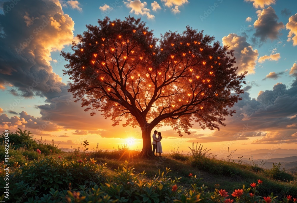 Couple Under Heart-Shaped Tree at Sunset - Romantic Love Concept Couple Under Heart-Shaped Tree at Sunset - Romantic Love Concept