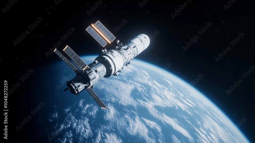 Spaceship in orbit around a colossal space station, crew preparing to dock, sci-fi space industry simulation Spaceship in orbit around a colossal space station, crew preparing to dock, sci-fi space industry simulation
