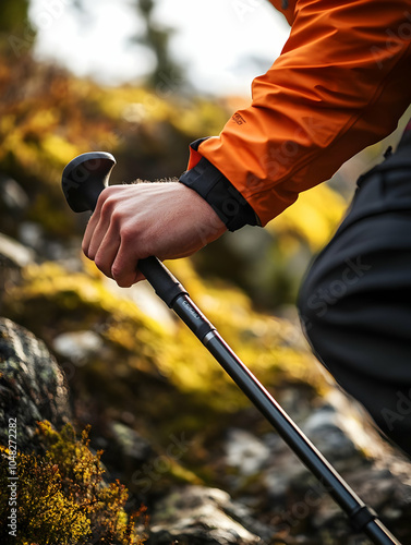 Hiking Stick. A close-up of a hiker’s hands gripping trekking in rocky mountain
