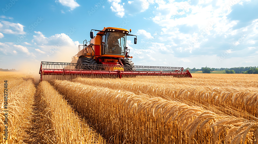Fototapeta premium Smart farming machinery with GPS control harvesting crops in a vast field under a clear sky