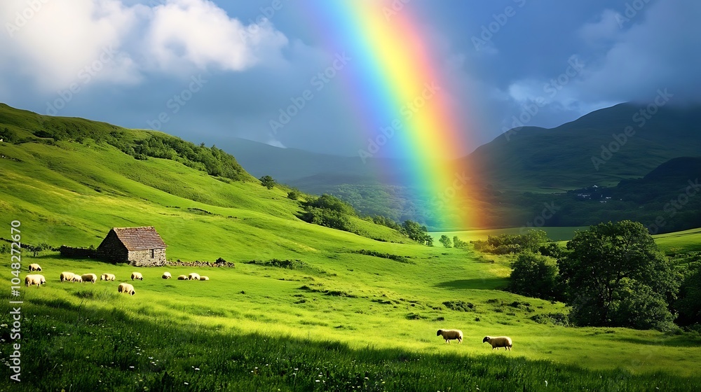 Fototapeta premium A peaceful countryside scene with rolling green hills, grazing sheep, a small stone cottage, and a rainbow arcing across the sky after a light rain 