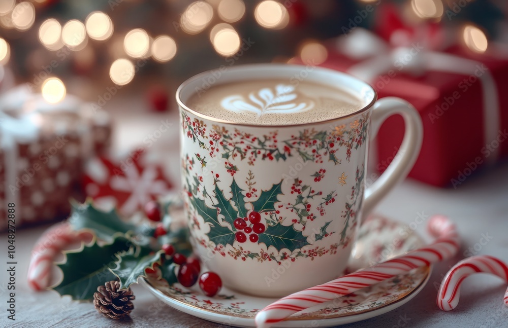 Festive Christmas Coffee Mug with Holly, Mistletoe, Candy Canes, and Gifts Festive Christmas Coffee Mug with Holly, Mistletoe, Candy Canes, and Gifts