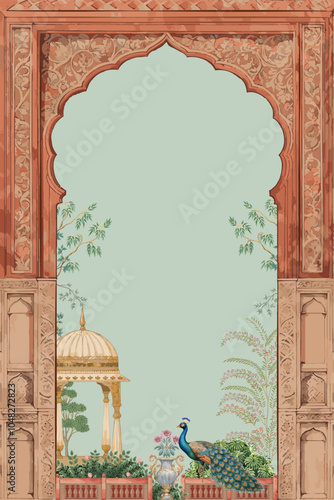 Traditional Mughal decorative arch gate, mat red color, garden illustration