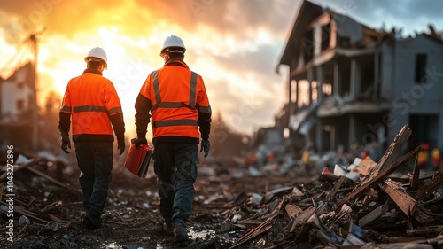 Construction workers assess damage at sunset, wearing safety gear in a debris-filled site.