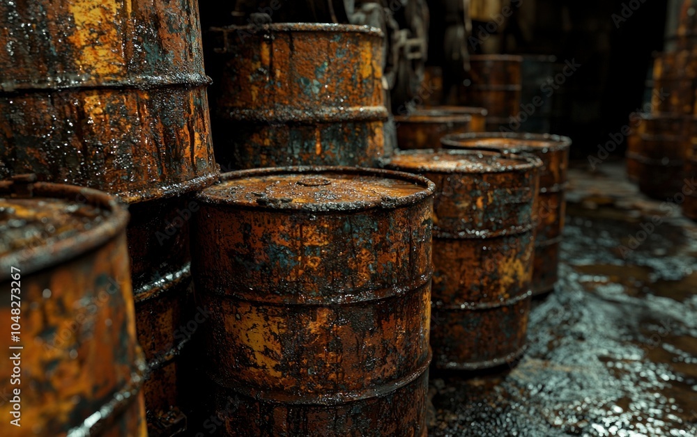 Rusty oil drums stacked in a warehouse. Industrial and environmental concepts. Rusty oil drums stacked in a warehouse. Industrial and environmental concepts.