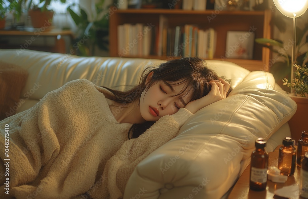 A woman on a sofa with pain and medicine A woman on a sofa with pain and medicine