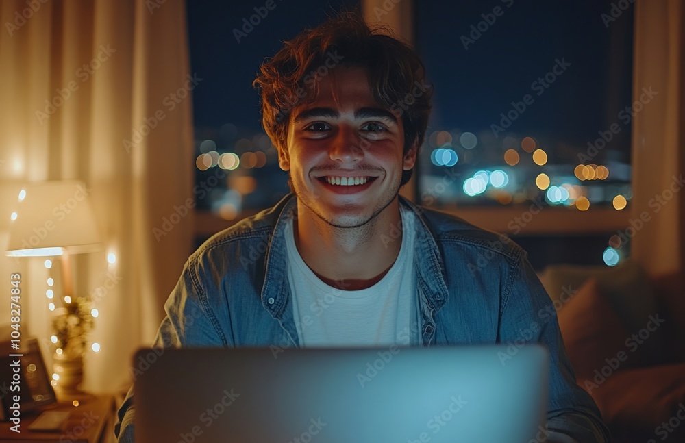 Happy Young Man Working on Computer at Night in Office Happy Young Man Working on Computer at Night in Office