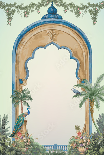 Traditional Turkish Garden with arch, peacock, parrot, flower vase illustration for wedding invitation
