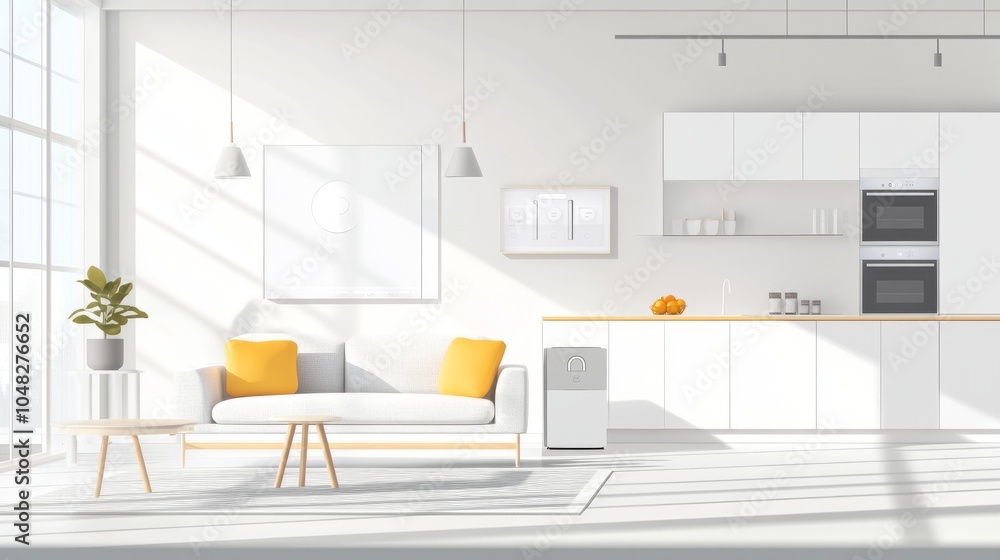Fototapeta premium A minimalist living area with a smart thermostat and automated light switches. Open layout with large copy space available on the top.