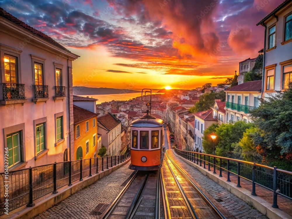 Obraz premium Silhouette of Lisbon's Gloria Funicular at Sunset – Iconic National Monument from 1885