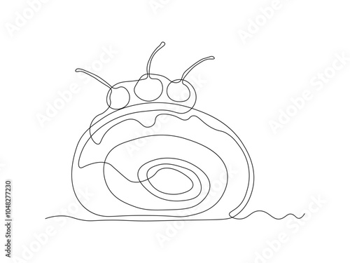 piece of dessert , cake, roll with berries. continuous single line art drawing sketch, logo