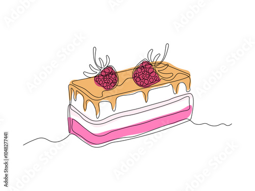 piece of dessert , cake with berries. continuous single line art drawing sketch, logo