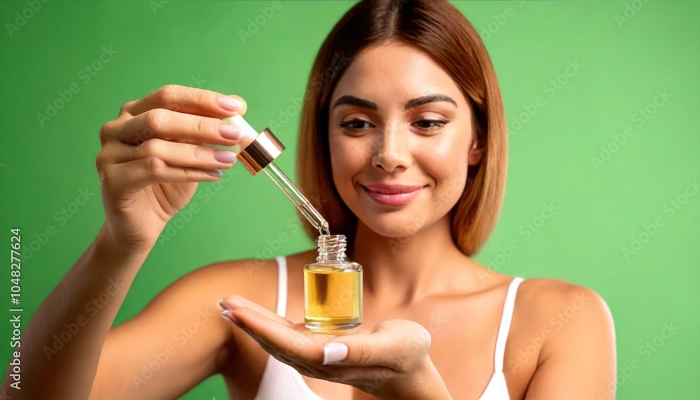 Fototapeta premium A young woman with radiant skin slowly applies skincare to her face, showing off her healthy