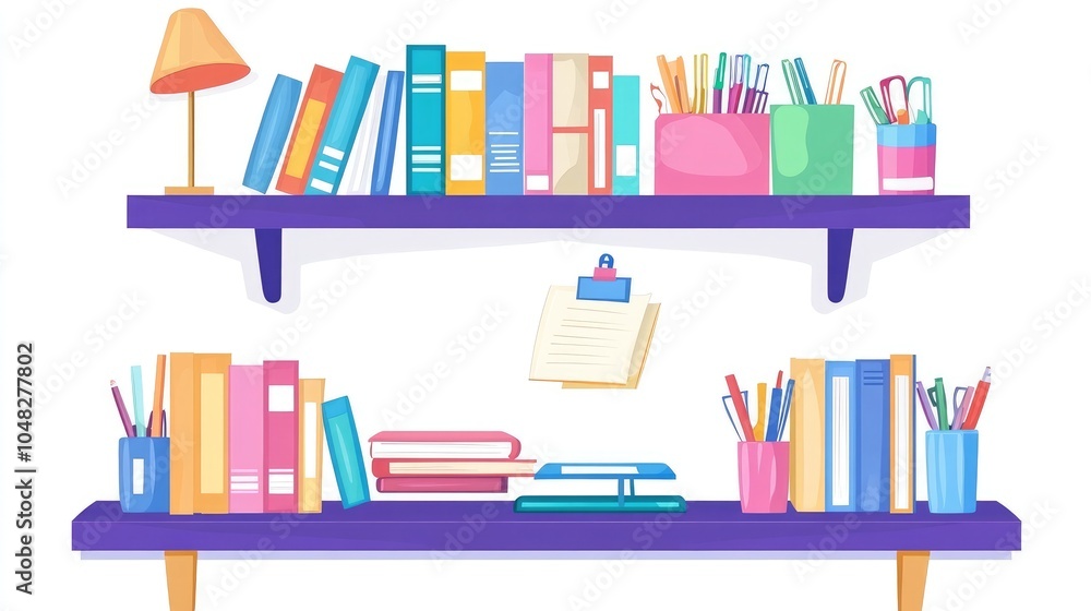 Bright bookshelf with organized textbooks and stationery, perfect for highlighting educational services and study settings Bright bookshelf with organized textbooks and stationery, perfect for highlighting educational services and study settings