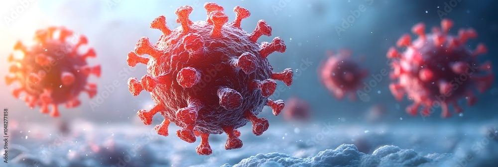 Closeup of red,microscopic coronavirus cells magnified under a laboratory microscope during the COVID-19 global pandemic. Concept of disease outbreak,medical research,and healthcare crisis. Closeup of red,microscopic coronavirus cells magnified under a laboratory microscope during the COVID-19 global pandemic. Concept of disease outbreak,medical research,and healthcare crisis.