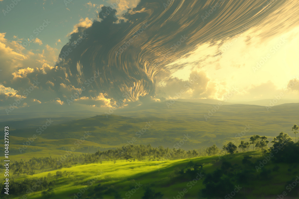 Fototapeta premium Whirling skies over tranquil sunlit hills and vast landscape