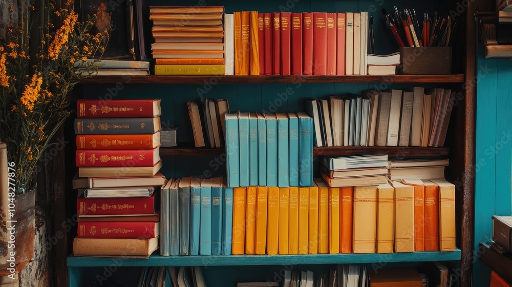 Fototapeta premium Colorful textbooks and organized stationery on a tidy shelf, ideal for promoting educational resources and study spaces