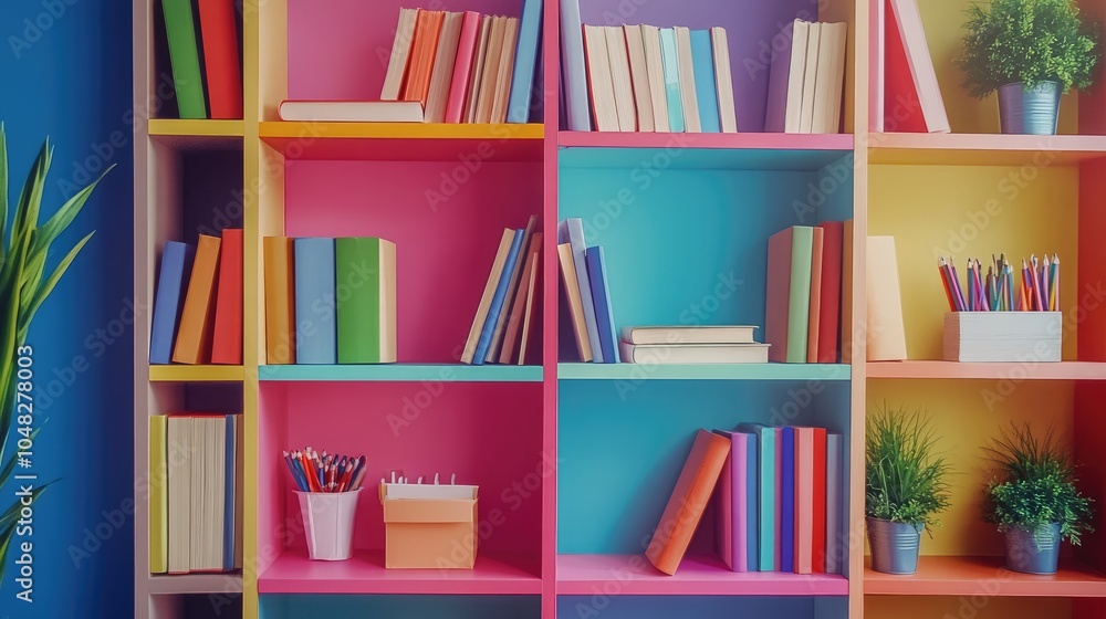 Neatly arranged textbooks and stationery on a colorful bookshelf, promoting an ideal study and educational environment Neatly arranged textbooks and stationery on a colorful bookshelf, promoting an ideal study and educational environment