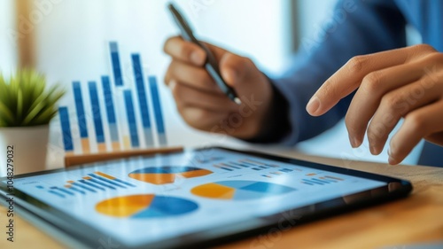 Consultant explaining social impact metrics to clients with digital charts on a tablet