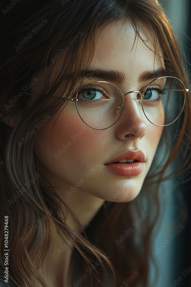 Fototapeta premium A young woman with brown hair and blue eyes wearing glasses