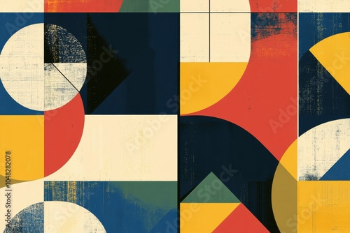 Stylish geometric patterns showcasing circular, triangular, and square line illustrations. Contemporary bauhaus influence with hues of yellow, blue, red, and green in this collection