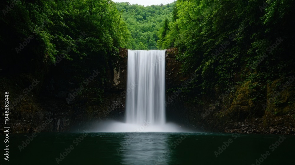 Obraz premium Waterfall plunging into a deep pool surrounded by ancient forest, remote waterfall, untouched wilderness