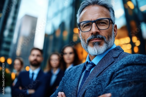 A bearded man in a suit stands confidently with arms crossed against a backdrop of skyscrapers, surrounded by a group of professional individuals, showcasing leadership.