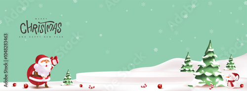 Merry christmas and happy new year greeting card with snow product display cylindrical shape copy-space and cute funny Santa Claus character in winter christmas landscape snow falling