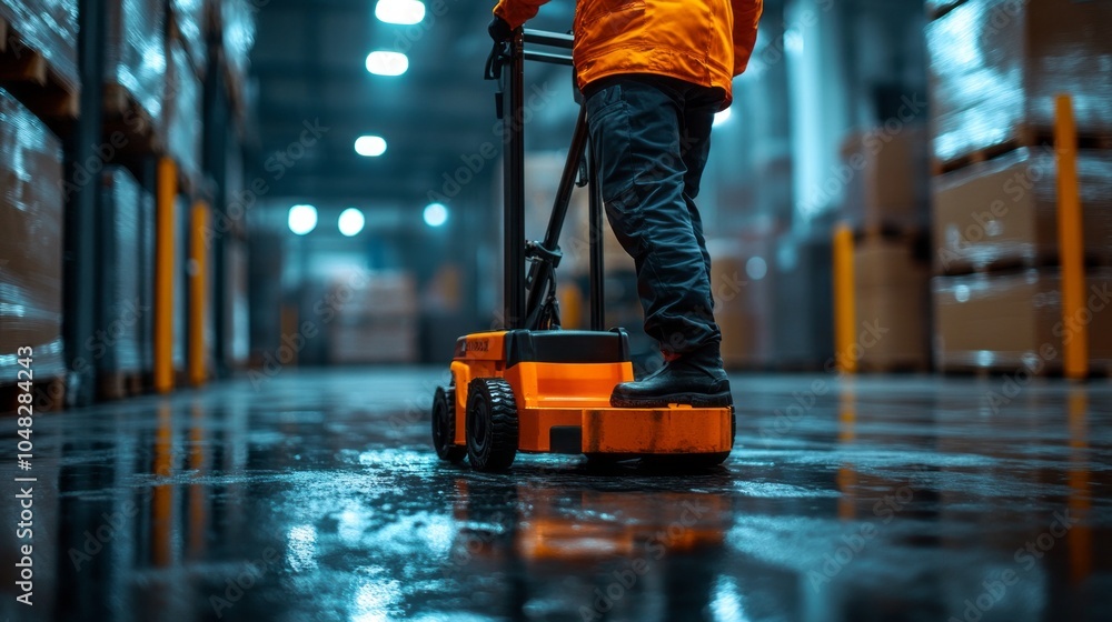 Obraz premium A man in an orange jacket is standing on a forklift