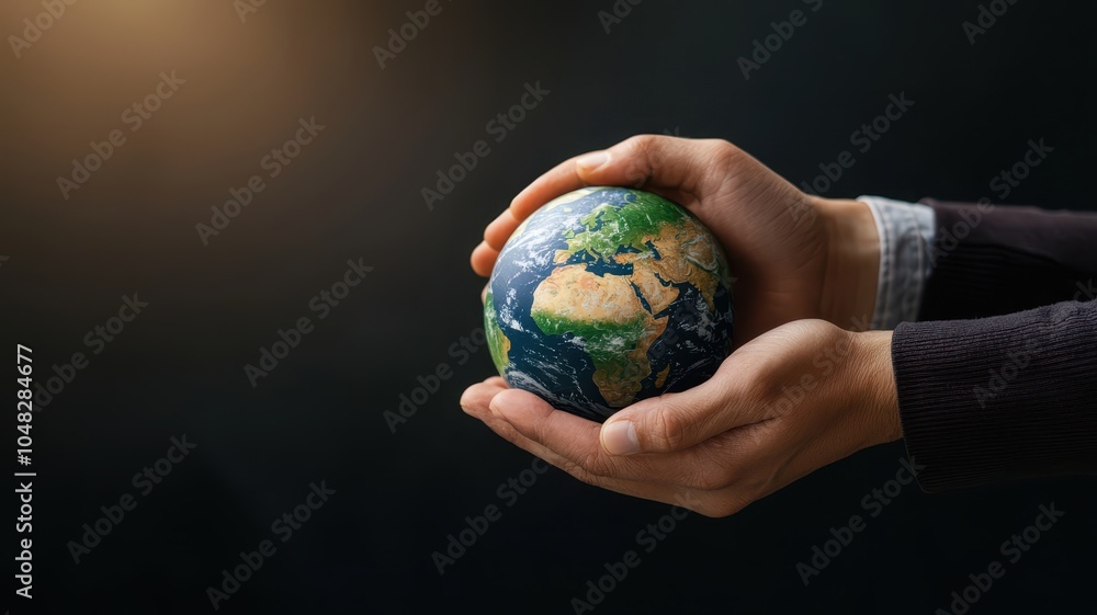 Hands holding a globe depicting Earth against a dark background. Hands holding a globe depicting Earth against a dark background.