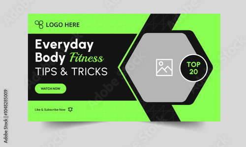Editable vector daily body fitness tips and tricks video cover banner design, creative video thumbnail banner design, customizable vector eps 10 file format