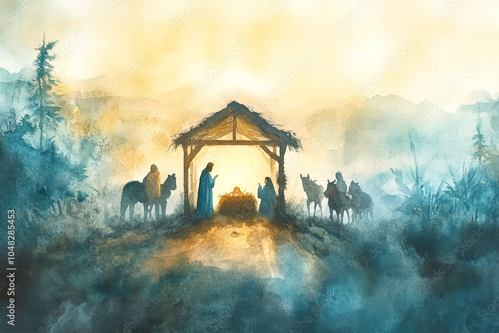 Watercolor depiction of the Nativity featuring baby Jesus, Mary, Joseph, three kings, and surrounding animals in a serene, minimalist landscape Watercolor depiction of the Nativity featuring baby Jesus, Mary, Joseph, three kings, and surrounding animals in a serene, minimalist landscape