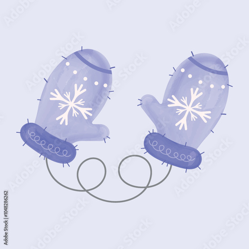 Knitted blue cozy mittens with white snowflakes on light blue background. Winter mittens icon. Winter clothes. Watercolor design. Hand-drawn illustration. Vector illustration.