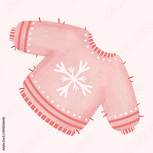 Knitted pink cozy fluffy sweater with white snowflake on beige background. Winter sweater icon. Winter clothes. Watercolor design. Hand drawn illustration. Vector illustration.