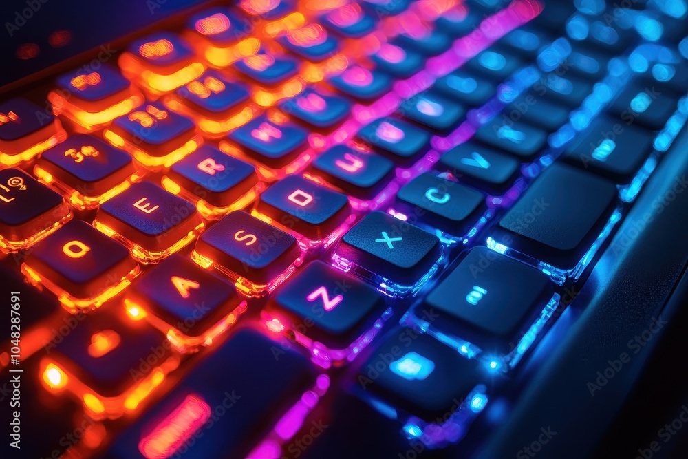 A vibrant, illuminated keyboard showcasing a mix of orange, blue, and purple colors, emphasizing its modern design and enhancing the gaming experience. A vibrant, illuminated keyboard showcasing a mix of orange, blue, and purple colors, emphasizing its modern design and enhancing the gaming experience.