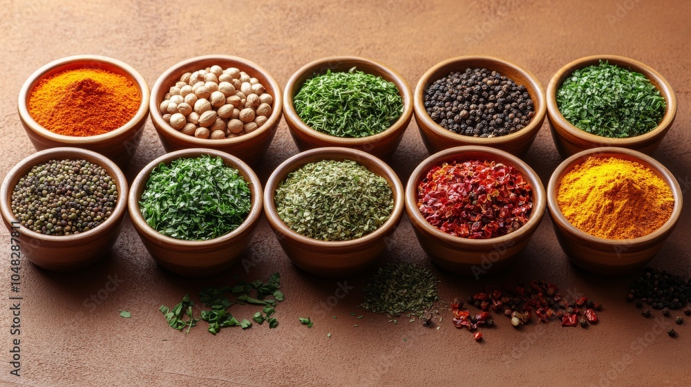 Colorful Spices and Herbs in Bowls on Brown Background for Indian Cuisine Colorful Spices and Herbs in Bowls on Brown Background for Indian Cuisine