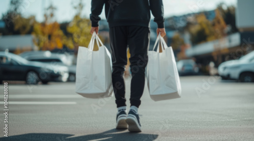 A person in casual clothing carrying shopping bags