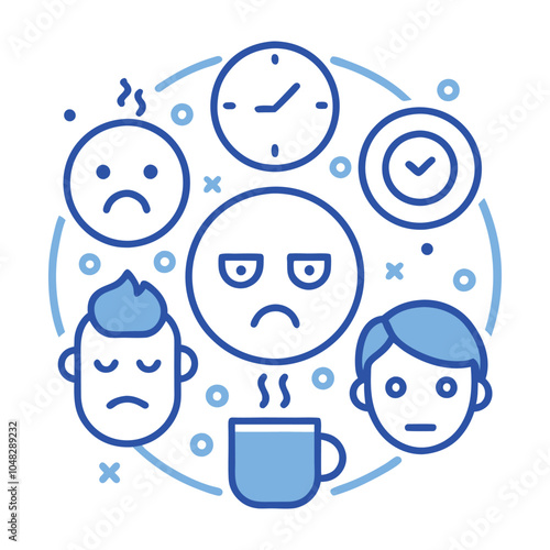  Blue Monday Emotions, Faces Showing Sad to Stressed with Coffee Cups and Clocks.