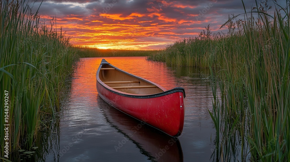 Serene Sunset Reflection of a Red Canoe Gliding Through a Calm River Surrounded by Lush Nature Serene Sunset Reflection of a Red Canoe Gliding Through a Calm River Surrounded by Lush Nature