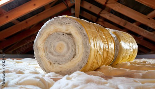 House attic insulation - construction worker installing glass wool